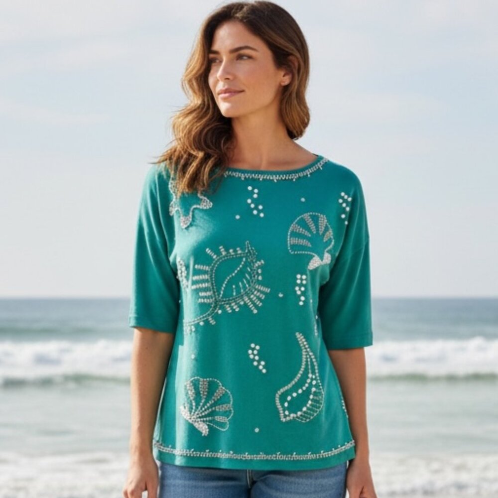 VTG Sandy Starkman Pearl Beaded Seashell Top Sz M Green‎ #234F